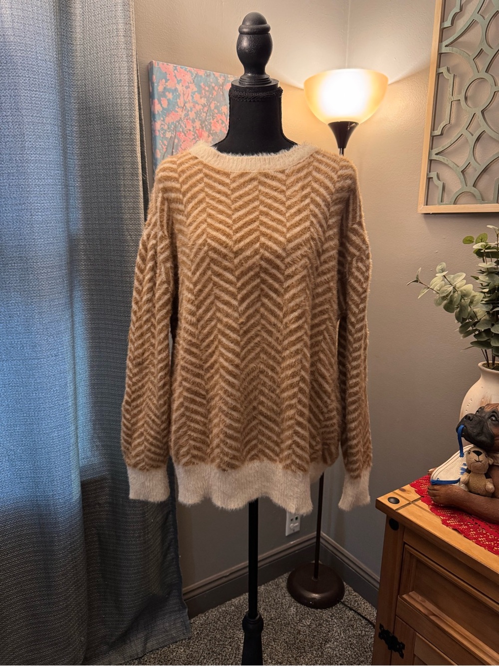 Chic Soul Chevron Knit Fuzzy Sweater - Tan & Cream